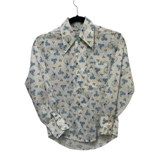 Vintage Montgomery Ward Boys 12 Button Down Shirt Bicycle Print Western Retro - Picture 1 of 4